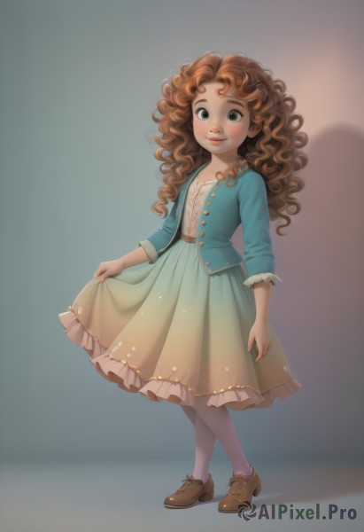 1girl,solo,long hair,looking at viewer,blush,smile,blue eyes,skirt,brown hair,long sleeves,dress,closed mouth,green eyes,standing,jacket,full body,pantyhose,frills,open clothes,shoes,lips,buttons,shadow,wavy hair,brown footwear,loafers,child,freckles,white pantyhose,curly hair,skirt hold,curtsey,simple background,shirt,white shirt