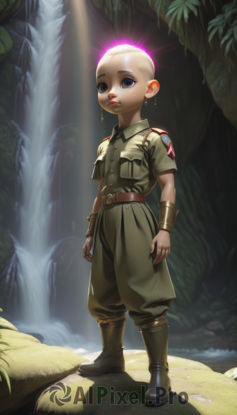 solo,1boy,jewelry,standing,full body,male focus,earrings,boots,belt,water,uniform,military,military uniform,halo,facial mark,nature,pocket,male child,bald,waterfall,looking at viewer,blue eyes,black eyes,glowing,child,rock,realistic,medal