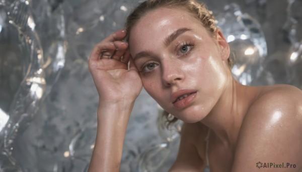 1girl,solo,looking at viewer,short hair,blonde hair,brown hair,bare shoulders,brown eyes,jewelry,upper body,nude,earrings,parted lips,teeth,shiny,blurry,lips,wet,shiny skin,blurry background,ring,portrait,freckles,realistic,blue eyes,dark skin,eyelashes,thick eyebrows,close-up,very short hair