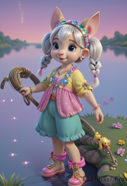 1girl,solo,long hair,looking at viewer,smile,bangs,blue eyes,shirt,hair ornament,holding,animal ears,twintails,jewelry,standing,full body,braid,flower,short sleeves,grey hair,hairband,earrings,boots,outdoors,shoes,shorts,artist name,cat ears,dark skin,water,necklace,blurry,twin braids,flat chest,bracelet,dark-skinned female,blurry background,watermark,grass,staff,gem,instrument,child,furry,beads,blue shorts,sunset,rock,furry female,female child,bead bracelet,river,snout,puffy shorts,jacket,tail,white hair,multicolored hair,open clothes,sky,belt,nail polish,open jacket,pink nails,mouse ears,hair tie,anklet,key,mouse tail,heart earrings,animal nose,mouse,lake,deer ears,pond