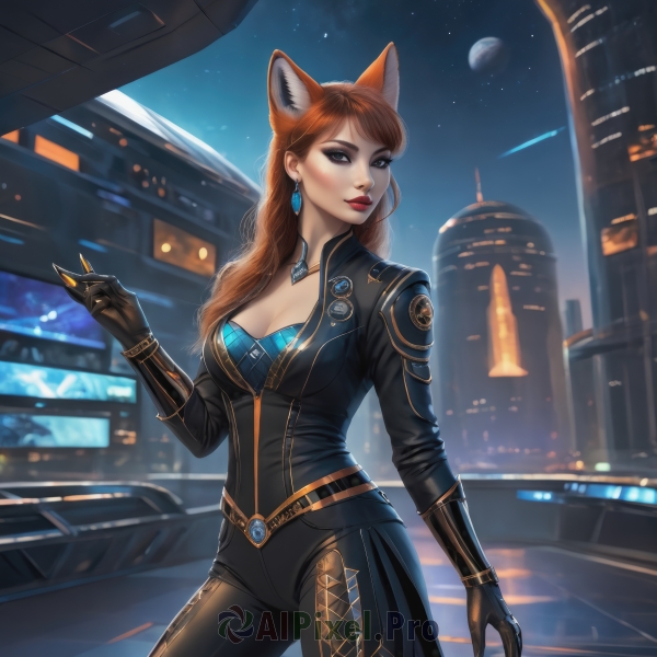 1girl,solo,long hair,breasts,looking at viewer,blue eyes,brown hair,gloves,holding,animal ears,cleavage,jewelry,medium breasts,cowboy shot,earrings,outdoors,sky,black gloves,artist name,necklace,lips,fox ears,bodysuit,makeup,mask,night,moon,lipstick,building,gem,star (sky),night sky,motor vehicle,full moon,eyeshadow,starry sky,city,black bodysuit,red lips,car,eyeliner,badge,bangs,long sleeves,standing,red hair,belt,swept bangs,fox girl,ground vehicle,skin tight,extra ears,contrapposto,realistic,aircraft,cityscape,skyscraper,city lights