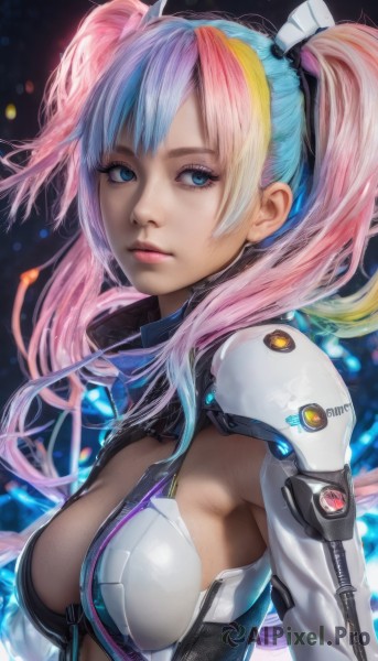 1girl,solo,long hair,breasts,looking at viewer,bangs,blue eyes,blonde hair,hair ornament,cleavage,twintails,medium breasts,closed mouth,blue hair,upper body,pink hair,multicolored hair,artist name,two-tone hair,lips,eyelashes,bodysuit,sideboob,makeup,realistic,nose,center opening,armpits,armor,from side,clothing cutout,expressionless,lipstick,eyeshadow,personification,science fiction,pink lips,mascara,rainbow hair