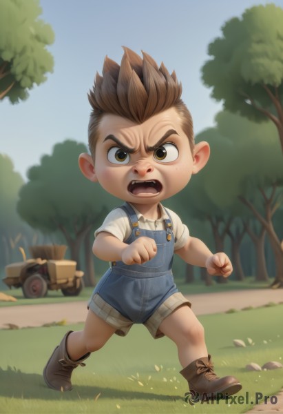 solo,looking at viewer,short hair,open mouth,brown hair,shirt,1boy,brown eyes,full body,white shirt,male focus,boots,outdoors,shorts,teeth,day,artist name,tree,brown footwear,grass,spiked hair,ground vehicle,child,angry,motor vehicle,clenched hands,freckles,running,overalls,male child,sky,blue sky,aged down,rock,dirty