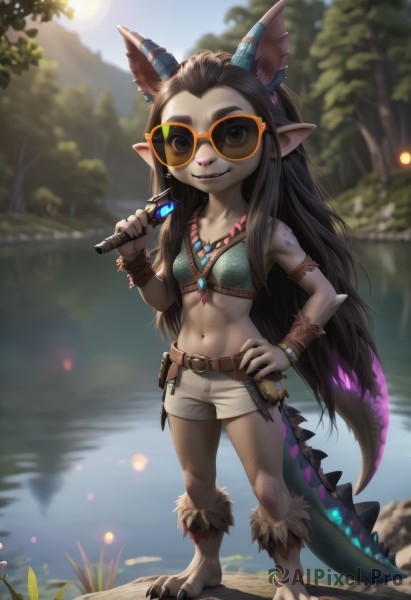 1girl,solo,long hair,breasts,looking at viewer,smile,brown hair,black hair,navel,holding,animal ears,brown eyes,jewelry,very long hair,standing,tail,full body,weapon,earrings,small breasts,outdoors,horns,shorts,barefoot,teeth,day,pointy ears,midriff,belt,artist name,water,necklace,grin,blurry,black eyes,bracelet,tree,hand on hip,short shorts,blurry background,colored skin,sunglasses,knife,monster girl,nature,claws,furry,forehead,pouch,dragon girl,round eyewear,furry female,tinted eyewear,grey skin,river,fewer digits,hooves,digitigrade,aviator sunglasses,open mouth,bare shoulders,collarbone,sidelocks,parted lips,hand up,stomach,holding weapon,tattoo,depth of field,fangs,abs,sunlight,thick eyebrows,grass,sharp teeth,armlet,forest,backlighting,reflection,toned,white shorts,sharp fingernails,sun,scales,petite,arm tattoo,over shoulder,dappled sunlight,weapon over shoulder,lake,pond,shin guards,lizard tail,tooth necklace