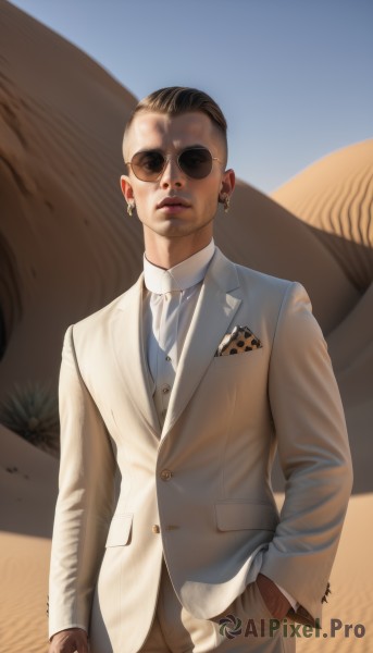 solo,looking at viewer,shirt,black hair,gloves,long sleeves,1boy,jewelry,standing,jacket,white shirt,male focus,cowboy shot,earrings,outdoors,necktie,sky,day,collared shirt,pants,signature,blue sky,lips,buttons,facial hair,formal,sunglasses,white jacket,suit,brown gloves,hand in pocket,realistic,sand,desert,white suit,short hair,brown hair,parted lips,vest,piercing,ear piercing,brown jacket,brown pants,undercut,aviator sunglasses