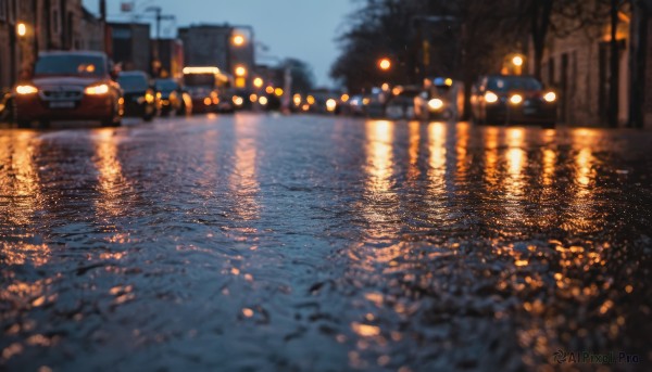 outdoors,sky,water,blurry,tree,no humans,night,depth of field,blurry background,ground vehicle,building,scenery,motor vehicle,reflection,city,car,road,lamppost,street,river,city lights,reflective water,real world location,night sky,bokeh,lights