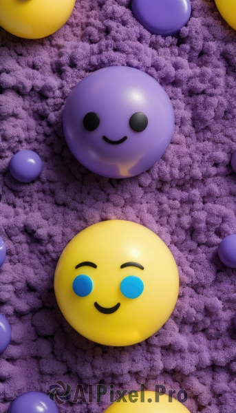 solo,looking at viewer,smile,open mouth,blue eyes,closed mouth,:d,food,black eyes,pokemon (creature),no humans,fruit,from above,happy,grapes,food focus,blueberry,full body,floating,empty eyes,creature,purple theme,solid circle eyes