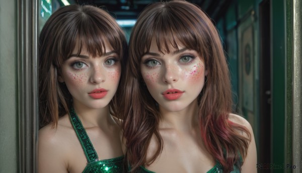 long hair,breasts,looking at viewer,bangs,multiple girls,brown hair,dress,2girls,bare shoulders,green eyes,collarbone,upper body,red hair,multicolored hair,parted lips,indoors,lips,grey eyes,makeup,siblings,lipstick,freckles,reflection,mirror,realistic,nose,red lips,brown eyes,teeth,blurry,eyelashes,blood,halterneck,portrait,eyeshadow,blood on face,dirty,side-by-side