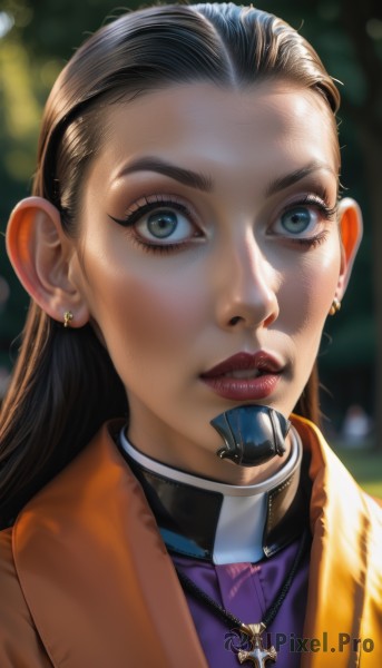 1girl,solo,long hair,looking at viewer,blue eyes,brown hair,black hair,jewelry,jacket,upper body,earrings,parted lips,teeth,necklace,blurry,lips,grey eyes,eyelashes,makeup,blurry background,lipstick,portrait,forehead,realistic,nose,red lips,depth of field,sunlight,cross,purple shirt,cross necklace