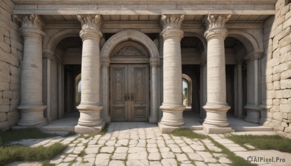 outdoors,day,no humans,window,grass,building,scenery,stairs,door,architecture,pillar,arch,column,sunlight,plant,bush,shade,ruins,pavement,stone floor