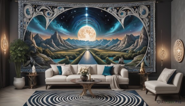 1girl,solo,blonde hair,sitting,sky,cloud,indoors,tree,pillow,book,no humans,night,chair,moon,table,plant,star (sky),night sky,scenery,couch,full moon,starry sky,mountain,potted plant,lamp,cushion,landscape,carpet,rug,flower,outdoors,reflection,wooden floor,mirror,candle,vase,mountainous horizon,lake,painting (object),shooting star