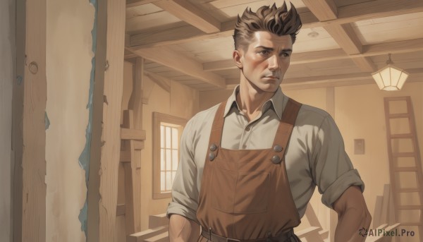 solo,short hair,bangs,brown hair,shirt,1boy,brown eyes,closed mouth,white shirt,upper body,male focus,collared shirt,belt,indoors,apron,window,muscular,buttons,facial hair,scar,scar on face,sleeves rolled up,door,undercut,looking to the side,dress shirt,looking away,lamp,brown shirt,brown apron