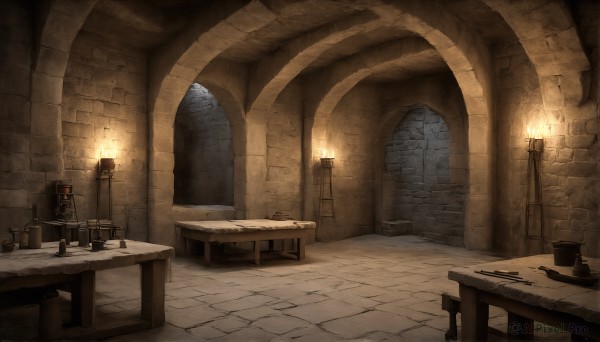 HQ,indoors,no humans,window,chair,table,scenery,stairs,door,light,lamp,candle,wall,brick wall,pillar,arch,candlestand,stone floor,wooden table,fireplace,wooden chair,hat,fire,top hat,wooden floor,fantasy,paintbrush,architecture,tile floor,torch