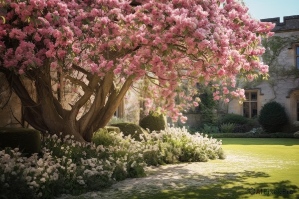 flower,outdoors,sky,day,tree,blue sky,no humans,window,grass,plant,cherry blossoms,building,nature,scenery,pink flower,rock,road,bush,house,path,spring (season),signature,door,wall,garden