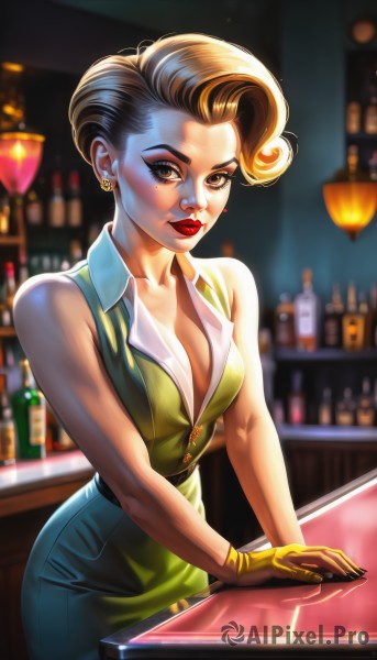 1girl,solo,breasts,looking at viewer,short hair,brown hair,shirt,gloves,cleavage,bare shoulders,brown eyes,jewelry,medium breasts,collarbone,earrings,sleeveless,collared shirt,pants,indoors,blurry,vest,lips,eyelashes,sleeveless shirt,makeup,blurry background,bottle,lipstick,brown gloves,alcohol,eyeshadow,asymmetrical hair,nose,red lips,stud earrings,green vest,wine bottle,yellow gloves,mascara,bar (place),counter,standing,mole,mole under eye,watermark,formal,web address,eyeliner