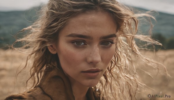 1girl,solo,long hair,looking at viewer,blonde hair,brown eyes,closed mouth,outdoors,day,blurry,lips,floating hair,depth of field,blurry background,wind,portrait,freckles,realistic,brown hair,sky,eyelashes,wavy hair,messy hair,close-up,dirty