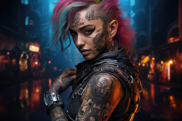 1girl,solo,breasts,looking at viewer,smile,short hair,brown eyes,jewelry,closed mouth,upper body,pink hair,red hair,multicolored hair,earrings,sleeveless,dark skin,medium hair,nail polish,mole,blurry,vest,bracelet,from side,two-tone hair,dark-skinned female,lips,tattoo,makeup,blurry background,facial mark,piercing,ring,ear piercing,black nails,mole under mouth,watch,hoop earrings,realistic,nose,wristwatch,arm tattoo,leather,shoulder tattoo,undercut,facial tattoo,mascara,cyberpunk,eyebrow cut,gloves,facepaint,mohawk,sleeveless hoodie