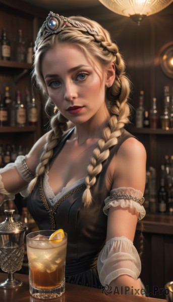 1girl,solo,long hair,breasts,looking at viewer,smile,blue eyes,blonde hair,dress,cleavage,bare shoulders,jewelry,medium breasts,closed mouth,collarbone,upper body,braid,earrings,food,sleeveless,artist name,indoors,blurry,black dress,twin braids,cup,lips,eyelashes,makeup,fruit,sleeveless dress,depth of field,blurry background,piercing,table,bottle,tiara,lipstick,gem,armband,hair over shoulder,armlet,alcohol,drinking glass,freckles,ice,realistic,nose,drink,red lips,glass,stud earrings,arm garter,orange (fruit),mascara,lemon,bar (place),cocktail glass,lemon slice,orange slice,pov across table,frills,ear piercing,cherry,ice cube,whiskey