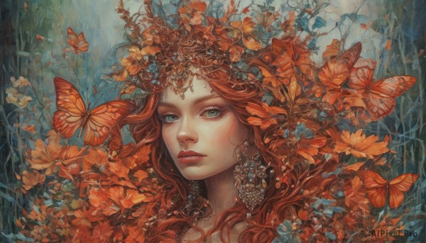 1girl,solo,long hair,looking at viewer,blue eyes,hair ornament,jewelry,green eyes,flower,red hair,earrings,parted lips,lips,eyelashes,makeup,leaf,bug,plant,lipstick,butterfly,portrait,nature,red lips,closed mouth,orange hair,wavy hair,traditional media,gem,realistic,painting (medium)