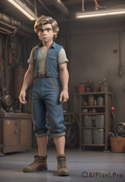 solo,looking at viewer,short hair,blue eyes,blonde hair,brown hair,shirt,1boy,closed mouth,standing,jacket,full body,white shirt,short sleeves,male focus,boots,shoes,belt,pants,indoors,vest,brown footwear,denim,clenched hands,realistic,overalls,male child,wrench,industrial pipe,pants rolled up,collared shirt,artist name,blurry,thick eyebrows,blue shirt,buckle,jeans,belt buckle,blue pants,ankle boots,brown belt,blue vest,open vest,barrel,crate