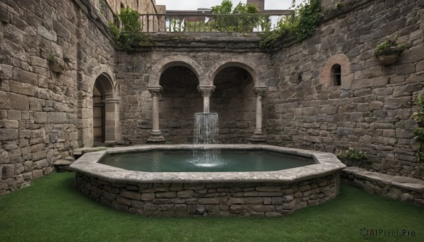 outdoors,day,water,tree,no humans,window,grass,plant,building,scenery,stairs,bush,wall,ruins,brick wall,pillar,waterfall,arch,moss,overgrown,column,fountain,brick,fantasy,door,potted plant,architecture,vines,bridge,garden,stone wall