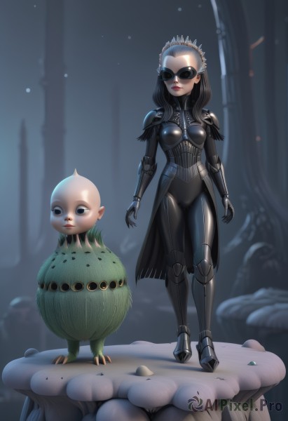 1girl,long hair,breasts,black hair,medium breasts,standing,full body,armor,blurry,high heels,lips,bodysuit,makeup,blurry background,cameltoe,bird,sunglasses,tiara,lipstick,corset,arms at sides,red lips,bald,mushroom,cyborg,solo,looking at viewer,crossover,breastplate,tinted eyewear,alien