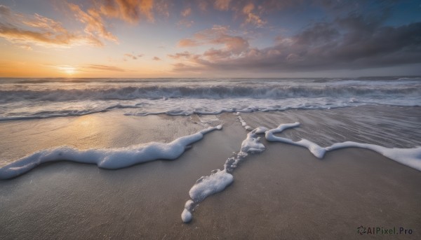 outdoors, sky, cloud, water, no humans, ocean, beach, cloudy sky, scenery, sunset, sand, horizon, waves, shore