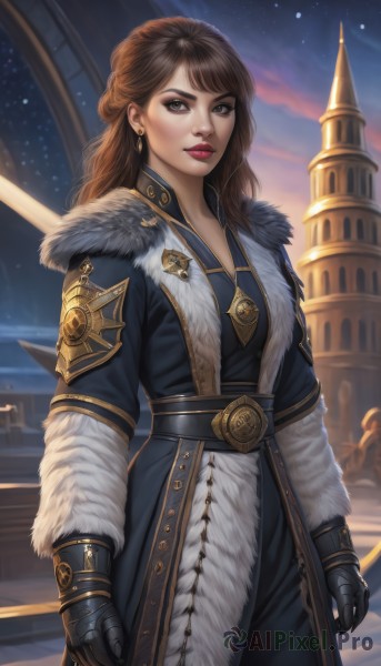 1girl,solo,long hair,breasts,looking at viewer,bangs,brown hair,gloves,long sleeves,brown eyes,jewelry,closed mouth,standing,weapon,braid,cowboy shot,earrings,outdoors,sky,black gloves,belt,artist name,armor,lips,coat,grey eyes,fur trim,makeup,night,lipstick,gauntlets,star (sky),night sky,eyeshadow,half updo,starry sky,black coat,nose,arms at sides,red lips,fur-trimmed coat,necklace,realistic,castle