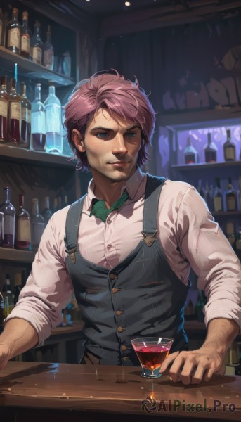 solo,looking at viewer,smile,short hair,bangs,blue eyes,brown hair,shirt,long sleeves,1boy,closed mouth,white shirt,upper body,pink hair,male focus,earrings,collared shirt,indoors,vest,cup,dress shirt,buttons,facial hair,bottle,alcohol,sleeves rolled up,drinking glass,black vest,realistic,glass,wine glass,manly,dirty,wine,shelf,wine bottle,bar (place),counter,cocktail glass,bartender,bow,jewelry,red hair,artist name,signature,bowtie,muscular,suspenders,messy hair,green bow,freckles,green bowtie,arm hair,dirty face