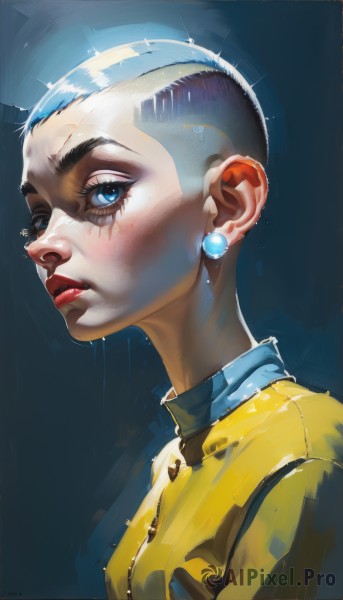 1girl,solo,looking at viewer,short hair,blue eyes,simple background,shirt,black hair,jewelry,closed mouth,blue hair,upper body,earrings,from side,lips,eyelashes,makeup,blue background,scar,piercing,lipstick,portrait,realistic,nose,red lips,very short hair,undercut,blush,wet,sparkle,eyeshadow,rain,cyborg,mascara,mohawk,cyberpunk