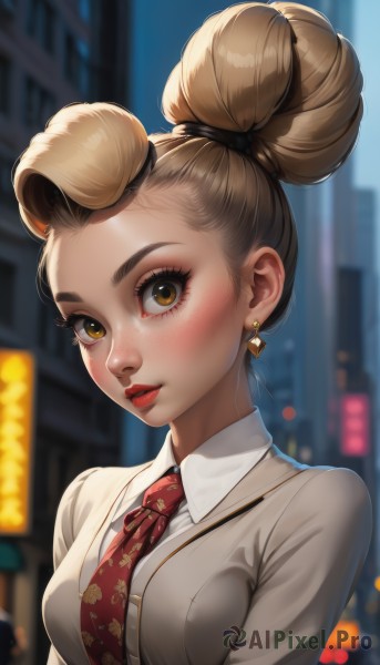 1girl,solo,breasts,looking at viewer,blush,short hair,brown hair,shirt,brown eyes,jewelry,medium breasts,school uniform,jacket,white shirt,upper body,earrings,outdoors,parted lips,necktie,collared shirt,artist name,hair bun,blurry,lips,eyelashes,double bun,makeup,blurry background,single hair bun,thick eyebrows,lipstick,red necktie,forehead,freckles,city,grey jacket,red lips,heart earrings,mascara,smile,night,building,eyeshadow,nose