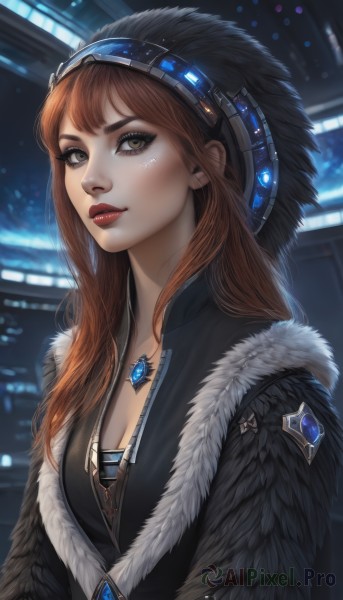 1girl,solo,long hair,breasts,looking at viewer,bangs,brown hair,hat,cleavage,brown eyes,jewelry,medium breasts,closed mouth,upper body,necklace,blurry,lips,coat,fur trim,eyelashes,makeup,night,blurry background,lipstick,gem,pendant,freckles,realistic,nose,red lips,eyeliner,jacket,artist name,thick eyebrows,eyeshadow,science fiction,facepaint