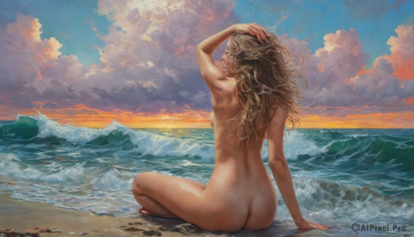 1girl,solo,long hair,breasts,blonde hair,sitting,full body,ass,nude,outdoors,sky,barefoot,artist name,cloud,signature,water,from behind,arm up,lips,completely nude,ocean,arm support,back,wavy hair,beach,cloudy sky,messy hair,scenery,curly hair,hand in own hair,sunset,mountain,realistic,sand,horizon,facing away,indian style,hand on own head,waves,small breasts,day,nail polish,blue sky,wet,petals,wind,arm at side,evening,shore,orange sky,median furrow,nudist