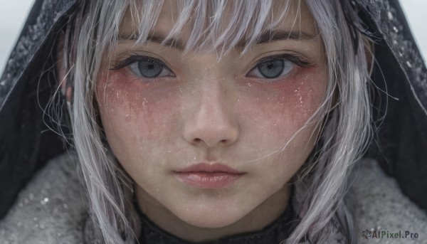 1girl,solo,looking at viewer,blush,bangs,simple background,closed mouth,white hair,grey hair,hood,black eyes,lips,grey eyes,fur trim,eyelashes,portrait,snow,close-up,hood up,snowing,realistic,nose,white background,grey background,expressionless,straight-on