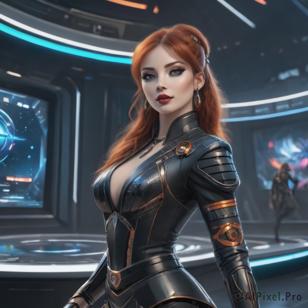 1girl,solo,long hair,breasts,looking at viewer,large breasts,brown hair,hair ornament,gloves,cleavage,brown eyes,jewelry,medium breasts,earrings,parted lips,solo focus,necklace,orange hair,blurry,lips,bodysuit,makeup,lipstick,eyeshadow,science fiction,realistic,black bodysuit,red lips,eyeliner,space,multiple girls,2girls,purple eyes,red hair,artist name,armor,grey eyes,blurry background