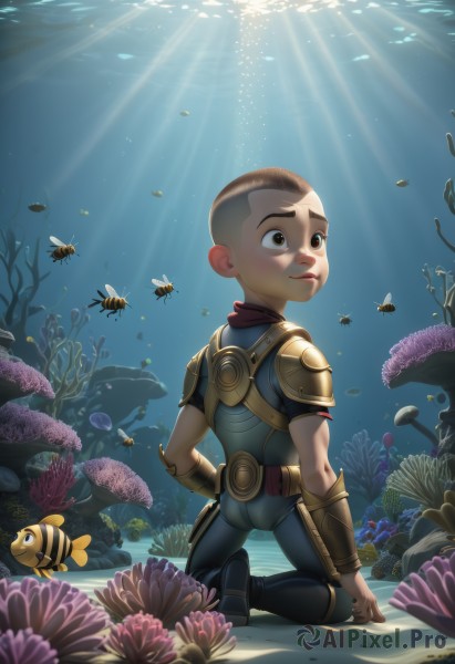 solo,blush,short hair,brown hair,1boy,brown eyes,full body,male focus,from behind,armor,kneeling,bodysuit,sunlight,child,fish,light rays,underwater,male child,very short hair,starfish,turtle,coral,buzz cut,flower,boots,water,ocean,bug,realistic,shoulder pads