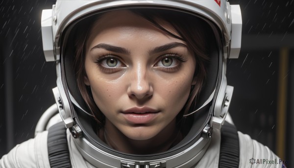 1girl,solo,looking at viewer,short hair,brown hair,brown eyes,closed mouth,green eyes,blurry,lips,eyelashes,blurry background,helmet,portrait,freckles,reflection,rain,realistic,nose,straight-on,spacesuit,astronaut,bangs,thick eyebrows,close-up,serious