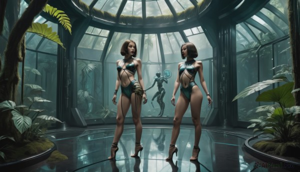 1girl,solo,breasts,short hair,bangs,brown hair,gloves,navel,bare shoulders,brown eyes,jewelry,medium breasts,standing,swimsuit,full body,indoors,fingerless gloves,water,nail polish,high heels,lips,clothing cutout,window,highleg,plant,reflection,science fiction,mirror,arms at sides,potted plant,navel cutout,reflective floor,multiple girls,2girls,bikini,small breasts,shoes,bracelet,one-piece swimsuit,makeup,bob cut,lipstick,realistic,anklet,different reflection