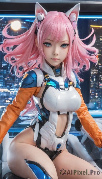 1girl,solo,long hair,breasts,looking at viewer,bangs,blue eyes,animal ears,medium breasts,sitting,closed mouth,pink hair,thighs,cat ears,leotard,lips,clothing cutout,bodysuit,night,headgear,science fiction,white leotard,thighhighs,long sleeves,fake animal ears