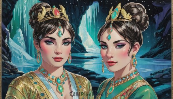 looking at viewer,blush,smile,blue eyes,multiple girls,brown hair,black hair,dress,2girls,jewelry,closed mouth,green eyes,upper body,earrings,water,necklace,hair bun,lips,makeup,siblings,single hair bun,tiara,crown,lipstick,sisters,gem,portrait,dual persona,eyeshadow,circlet,red lips,waterfall,green gemstone,short hair,bangs,hair ornament,cleavage,sky,parted bangs,eyelashes,night,chinese clothes,snow,realistic,eyeliner,gold,mascara,updo