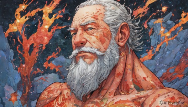 solo,looking at viewer,blue eyes,1boy,closed mouth,collarbone,upper body,white hair,grey hair,male focus,sky,tattoo,muscular,facial hair,scar,fire,muscular male,portrait,beard,scar on face,rock,mature male,mustache,scar across eye,manly,old,old man,wrinkled skin,traditional media,thick eyebrows,veins