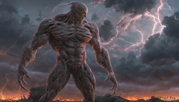 solo,1boy,standing,male focus,outdoors,sky,cloud,no humans,muscular,abs,cloudy sky,fire,muscular male,veins,monster,mountain,electricity,bald,giant,lightning,nude,molten rock