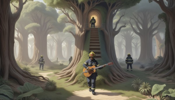 blonde hair,holding,male focus,outdoors,multiple boys,pants,tree,leaf,3boys,helmet,grass,plant,instrument,nature,scenery,forest,stairs,music,guitar,playing instrument,holding instrument,acoustic guitar,1boy,4boys