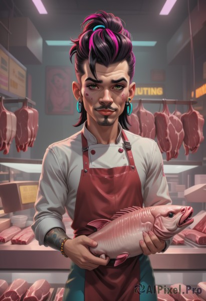 1girl,solo,looking at viewer,smile,open mouth,shirt,black hair,long sleeves,1boy,holding,jewelry,green eyes,standing,white shirt,ponytail,pink hair,male focus,multicolored hair,cowboy shot,earrings,food,teeth,pants,artist name,indoors,nail polish,mole,apron,bracelet,two-tone hair,lips,streaked hair,blood,makeup,facial hair,animal,holding food,lipstick,fish,holding animal,meat,red apron,purple hair,parted lips,tattoo,buttons,facial mark,short ponytail,hoop earrings,realistic,facepaint,facial tattoo,shop