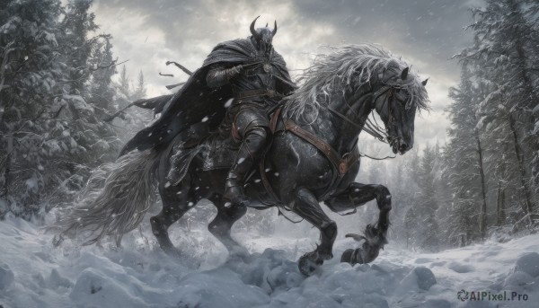 solo,1boy,holding,weapon,male focus,outdoors,sky,sword,cloud,cape,holding weapon,armor,tree,animal,holding sword,helmet,cloudy sky,gauntlets,nature,scenery,cloak,snow,forest,snowing,black cape,riding,horse,bare tree,knight,grey sky,horseback riding,reins,saddle,horns,fake horns,greaves,full armor,black cloak,black armor,horned helmet