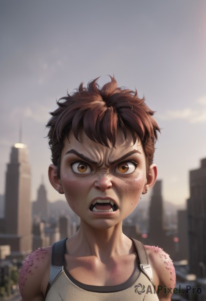 1girl,solo,looking at viewer,short hair,open mouth,brown hair,1boy,brown eyes,jewelry,upper body,earrings,outdoors,sky,teeth,blurry,blurry background,tank top,building,portrait,angry,freckles,city,realistic,stud earrings,tomboy,collarbone,male focus,armor,lips,blood,child,injury,male child,dirty,cuts,scratches