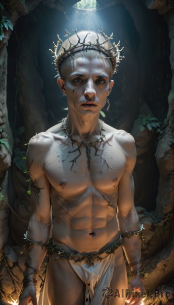 solo,looking at viewer,short hair,1boy,navel,brown eyes,jewelry,closed mouth,nipples,standing,white hair,male focus,cowboy shot,earrings,artist name,necklace,bracelet,lips,facial mark,piercing,abs,pectorals,plant,pelvic curtain,freckles,topless male,realistic,vines,loincloth,outdoors,muscular,night,moon,muscular male,nature,full moon,very short hair