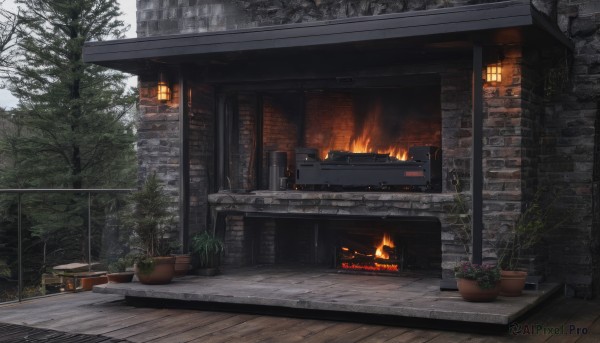 flower,outdoors,sky,indoors,tree,no humans,window,table,fire,plant,building,scenery,wooden floor,fence,potted plant,wall,brick wall,flower pot,burning,fireplace,brick,day,snow,stairs,door,house,wood