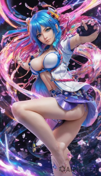 1girl,solo,long hair,breasts,looking at viewer,smile,bangs,blue eyes,skirt,large breasts,hair ornament,gloves,navel,cleavage,jewelry,medium breasts,closed mouth,underwear,blue hair,jacket,pink hair,ass,ahoge,short sleeves,thighs,multicolored hair,pleated skirt,open clothes,barefoot,choker,black gloves,hairclip,belt,miniskirt,fingerless gloves,nail polish,bra,feet,open jacket,lips,fingernails,legs,petals,bare legs,gradient hair,toes,soles,leg up,purple skirt,realistic,nose,standing,panties,chinese clothes,standing on one leg,cherry blossoms