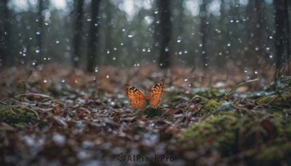 outdoors, blurry, tree, no humans, depth of field, bug, plant, butterfly, nature, scenery, forest